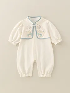 Baby Chinese Style Cotton Romper Long Sleeve Floral Embroidery Frog Button Traditional Infant Autumn Jumpsuit For Kids