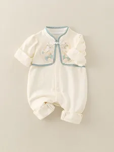 Infant cotton bodysuit with traditional Chinese embroidery and white frog buttons