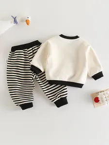 Cute cartoon baby cotton two-piece set with off-white sweatshirt and striped pants