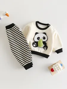 Cute panda embroidered cotton baby set with long sleeve sweatshirt and striped pants