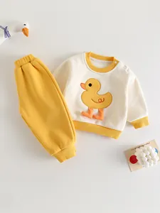 Completo neonato in cotone con felpa gialla a forma di papera e pantaloni lunghi