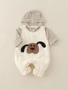 Set Abbigliamento Due Pezzi Neonato Top Con Cappuccio a Righe e Salopette Con Toppa Cane Cotone Autunno Casual