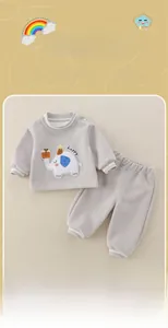 Detail of baby sweatshirt featuring an elephant patch and happy text embroidery