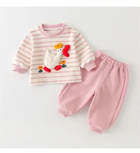 Close-up of baby cotton striped long sleeve top with 3D cartoon duck embroidery