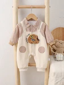 Baby Boys Cotton Gingham Long Sleeve Romper False Two-Piece Jumpsuit Spring Newborn Clothing Baby Jumpsuit Clothing