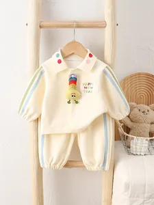Toddler Baby Outfit Set Polo Collar Long Sleeve Sweatshirt Pants Happy New Year 3D Caterpillar Doll Embroidery Cotton Clothes