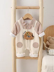 Infant boy brown plaid patchwork romper with cake time embroidery and cute collar
