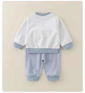 Detail of baby boy striped long-sleeve sweatshirt and matching pants set in light blue