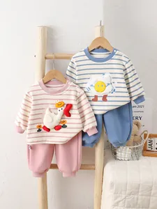 Baby Toddler Cotton Long Sleeve Striped Clothing Set Cartoon Duck Fried Egg Applique Top And Pants For Spring Autumn