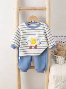 Blue and white striped cotton infant sweatshirt set with fried egg cartoon and blue pants