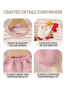 Baby cotton long sleeve set with striped top and 3D goose applique in pink and beige