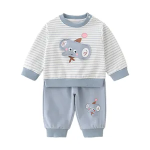 Toddler boys blue striped sweatshirt and pants set with cute elephant embroidery