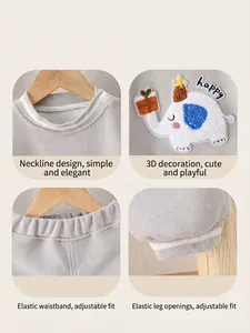 Infant light grey spring cotton set featuring 3D elephant embroidery and snap neck detail