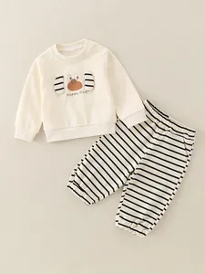 Ensemble en coton pour garçon avec sweat chiot et pantalon rayé pour printemps et automne