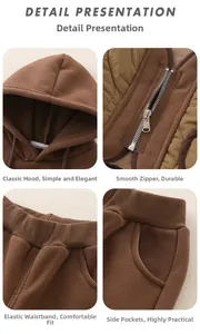 Dettagli del set con cappuccio marrone con cerniera, vita elastica e tasche morbide