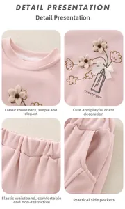 Detail view of pink cotton set featuring embroidered flowers and elastic waist trousers