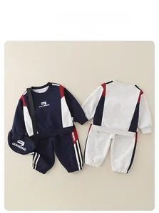 Front and back view of baby cotton color-block tracksuit with long sleeve top and pants