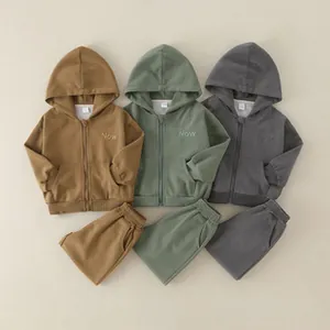 Toddler cotton hooded sweatshirt set with Now embroidery in khaki green and grey
