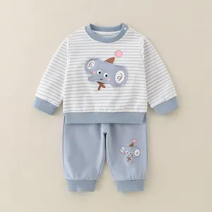 Conjunto de algodón para bebé con sudadera de elefante a rayas azules y pantalón