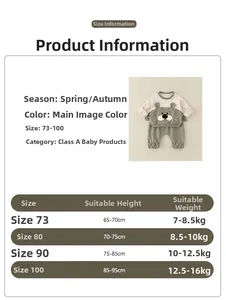 Size chart for baby cotton jumpsuit and sweatshirt set with cute 3D bear detail
