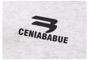 Macro shot of grey cotton fabric texture with black CENIABABUE logo detail