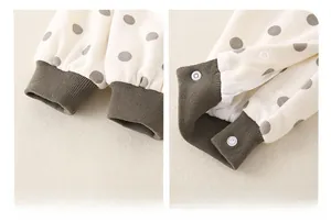 Detail of baby polka dot romper showing ribbed cuffs and convenient snap button crotch