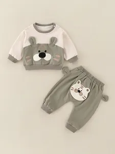 Cute cotton baby tiger tracksuit set with 3D ears and olive green contrast panels