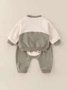 Cute cotton baby boy rompers set with cat embroidery and olive green rib knit details