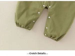 Detail of olive green baby romper crotch with secure white plastic snap buttons