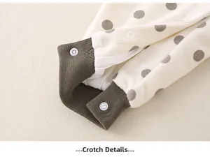 Macro shot of crotch details with snap buttons on baby polka dot cotton jumpsuit