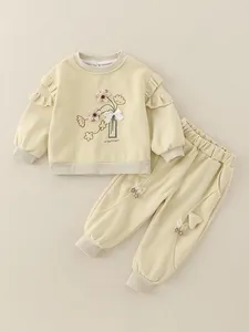 Baby girls floral embroidery knit set with ruffles and trousers in cream yellow