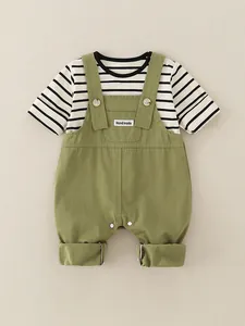 Baby Boy Cotton Striped Long Sleeve T-Shirt And Green Overalls Set Casual Infant Outfits For Autumn Spring Toddler Clothing