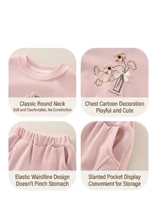 Pink cotton leisure suit for toddlers with flower embroidery and elastic waist details
