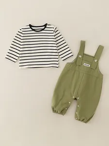 Infant cotton long sleeve striped tee and olive green overalls two-piece set outfit