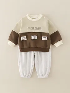 Baby Boys Cute Cartoon Dog Sweatshirt And Pants Set Breathable Cotton Blend Long Sleeve Patchwork Outfit For Infant Toddler