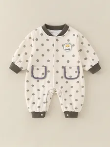 Infant long-sleeve cotton romper with brown polka dots and cute giraffe embroidery