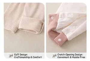 Detail of ribbed knit baby jumpsuit showing elastic cuffs and convenient snap button crotch