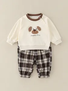 Cute Infant Baby Boys Cartoon Dog Sweatshirt And Plaid Pants 2 Piece Clothing Set Soft Class A Spring Autumn Outfit