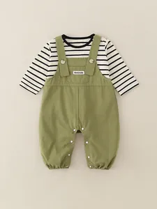 Cute striped long sleeve shirt and green cotton overall set for infant boys and toddlers