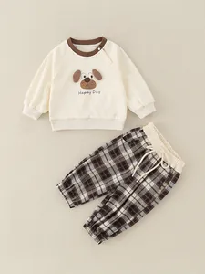 Cute baby cartoon sweatshirt and plaid pants set with ear detail and soft fabric