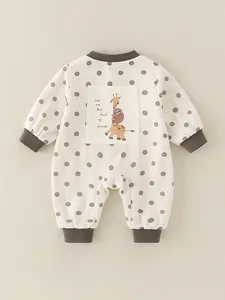 Infant cotton long sleeve romper with polka dots and animal patch illustration