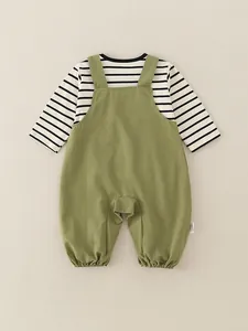 Infant two-piece outfit with striped long-sleeved shirt and olive green cotton overalls