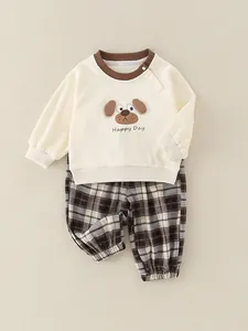 Cute beige baby cartoon sweatshirt with dog ears and matching plaid joggers two-piece set