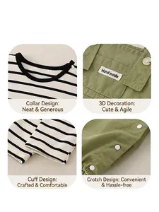 Infant cotton set featuring striped long-sleeve top and sage green overalls with snap buttons
