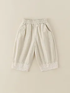 Toddler Girl Cotton Casual Pants With Lace Trim Elastic Waist Soft Breathable Infant Bloomers Beige Trousers Daily Wear