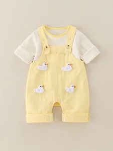 Baby Girl Cute Cartoon Duck Bib Overalls Cotton Long Sleeve Shirt And Suspender Pants Spring Autumn Breathable Outfit
