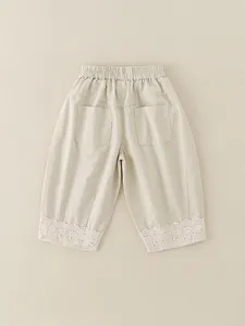 Infant girl cotton lace loose casual pants in khaki with floral embroidery detail