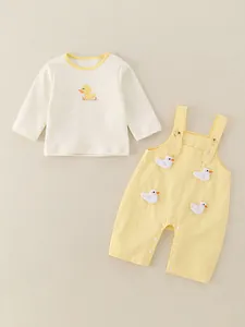 Toddler girls soft cotton duck overall set with long sleeve cream top and yellow romper