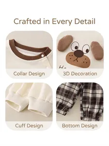 Cute baby cotton set featuring dog embroidery sweatshirt and brown plaid trousers