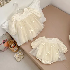 Long Sleeve Baby Girl Princess Mesh Dress Cream Beige Bowknot Tulle Party Birthday Wedding Romper Dress For Toddlers